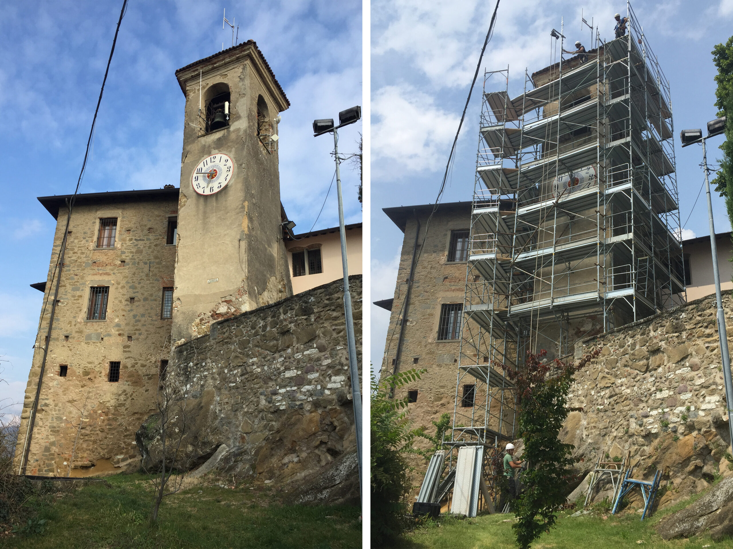 Campanile del Castello di Capriolo, prima e dopo la posa dei ponteggi. Credits: Stefano Barbò.